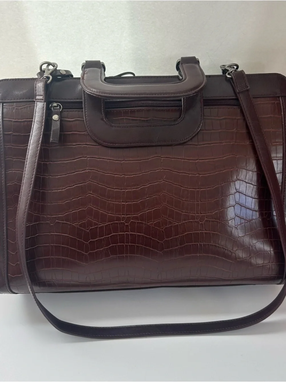 VTG Bueno Croc Embossed Faux Leather Briefcase Tote Shoulder Bag Brown Large